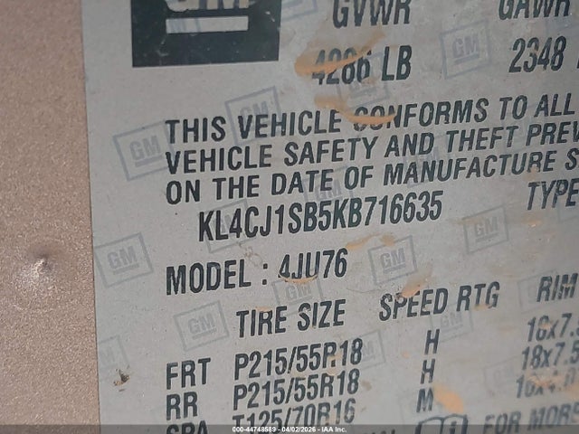 44748589 :رقم المزاد ، KL4CJ1SB5KB716635 vin ، 2019 Buick Encore Fwd Sport Touring مزاد بيع