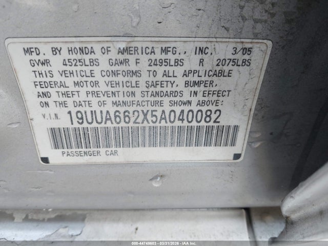 2005 Acura Tl მანქანა იყიდება აუქციონზე, vin: 19UUA662X5A040082, აუქციონის ნომერი: 44748603