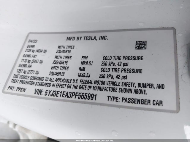 Продажа на аукционе авто 2023 Tesla Model 3 Rear-wheel Drive, vin: 5YJ3E1EA3PF565991, номер лота: 44748614