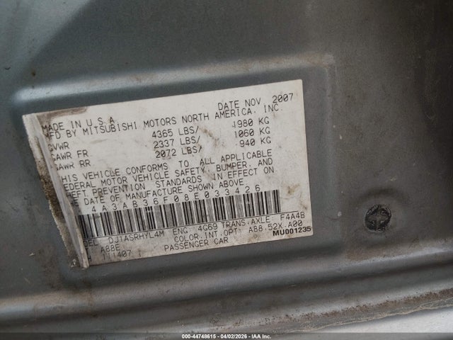 Aukcja sprzedaży 2008 Mitsubishi Galant Es, vin: 4A3AB36F08E033426, numer aukcji: 44748615