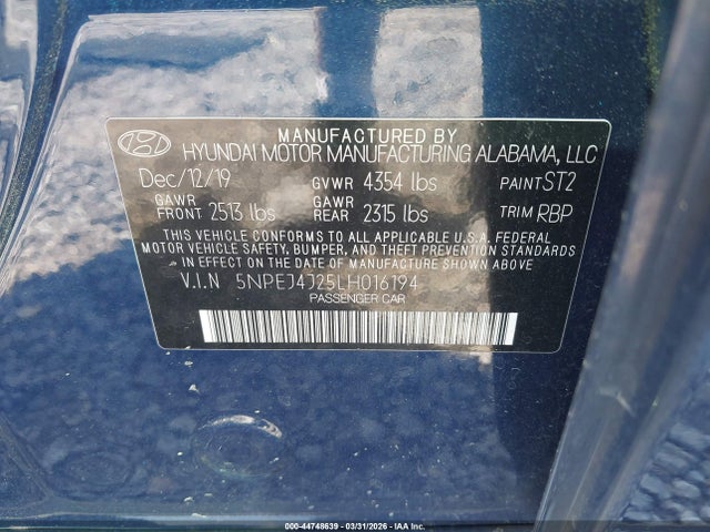 Aukcja sprzedaży 2020 Hyundai Sonata Sel Plus, vin: 5NPEJ4J25LH016194, numer aukcji: 44748639