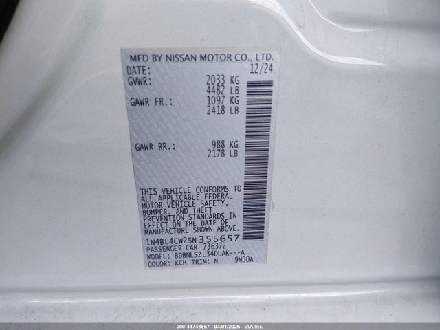 44748667 :رقم المزاد ، 1N4BL4CW2SN355657 vin ، 2025 Nissan Altima Sr Awd مزاد بيع