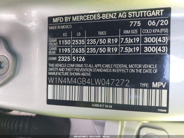 W1N4M4GB4LW047272 Mercedes-Benz GLB 250