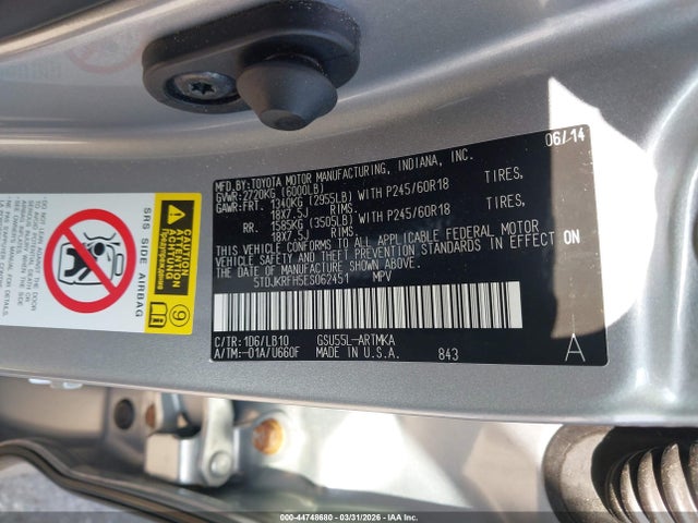 2014 Toyota Highlander Xle V6 მანქანა იყიდება აუქციონზე, vin: 5TDJKRFH5ES062451, აუქციონის ნომერი: 44748680