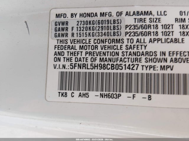 Продажа на аукционе авто 2012 Honda Odyssey Touring/touring Elite, vin: 5FNRL5H98CB051427, номер лота: 44748682