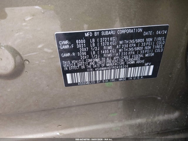 2024 Subaru Ascent Onyx Edition 7-passenger მანქანა იყიდება აუქციონზე, vin: 4S4WMAHD1R3438206, აუქციონის ნომერი: 44748708
