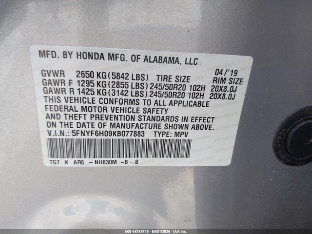 44748715 :رقم المزاد ، 5FNYF6H09KB077883 vin ، 2019 Honda Pilot Elite مزاد بيع