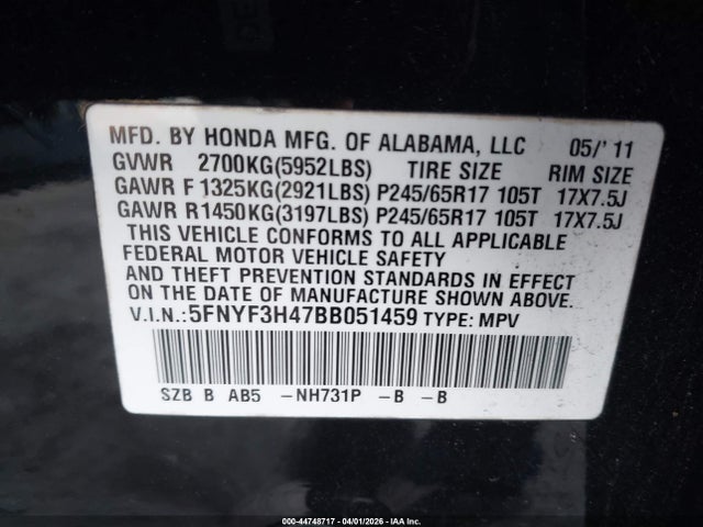 2011 Honda Pilot Ex მანქანა იყიდება აუქციონზე, vin: 5FNYF3H47BB051459, აუქციონის ნომერი: 44748717
