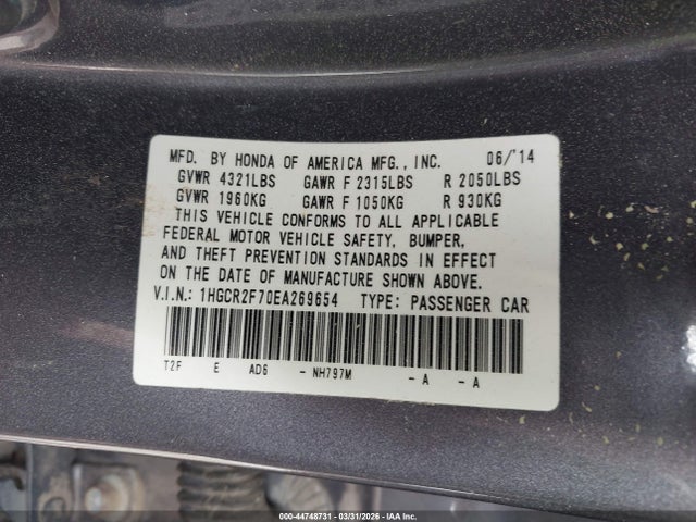 2014 Honda Accord Ex მანქანა იყიდება აუქციონზე, vin: 1HGCR2F70EA269654, აუქციონის ნომერი: 44748731