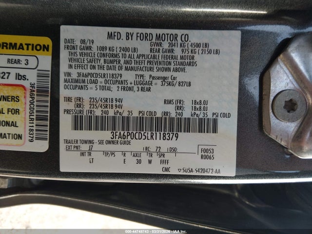 44748743 :رقم المزاد ، 3FA6P0CD5LR118379 vin ، 2020 Ford Fusion Sel مزاد بيع
