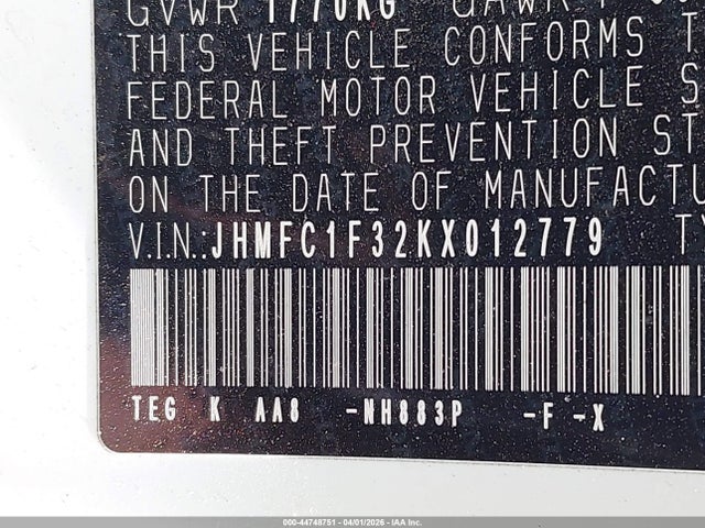 2019 Honda Civic Ex მანქანა იყიდება აუქციონზე, vin: JHMFC1F32KX012779, აუქციონის ნომერი: 44748751