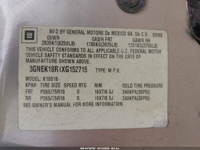 Aukcja sprzedaży 1999 Chevrolet Tahoe, vin: 3GNEK18R1XG152715, numer aukcji: 44748764