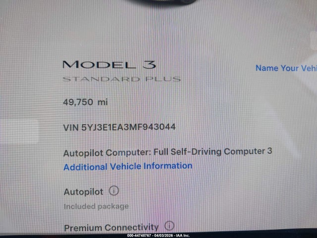 Aukcja sprzedaży 2021 Tesla Model 3 Standard Range Plus Rear-wheel Drive, vin: 5YJ3E1EA3MF943044, numer aukcji: 44748767