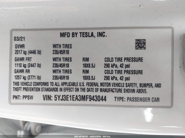 Aukcja sprzedaży 2021 Tesla Model 3 Standard Range Plus Rear-wheel Drive, vin: 5YJ3E1EA3MF943044, numer aukcji: 44748767