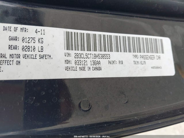 Auction sale of the 2011 Dodge Charger R/t, vin: 2B3CL5CT1BH538553, lot number: 44748772