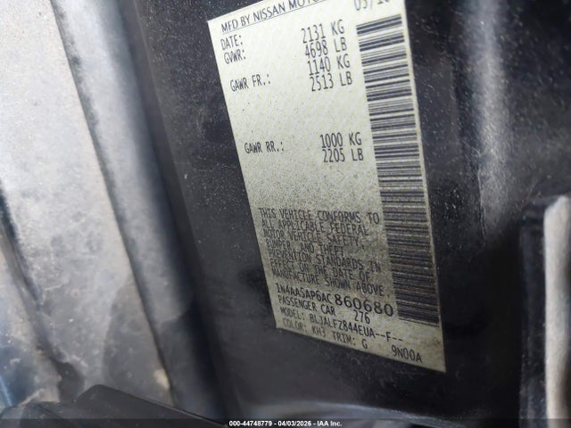 44748779 :رقم المزاد ، 1N4AA5AP6AC860680 vin ، 2010 Nissan Maxima 3.5 Sv مزاد بيع