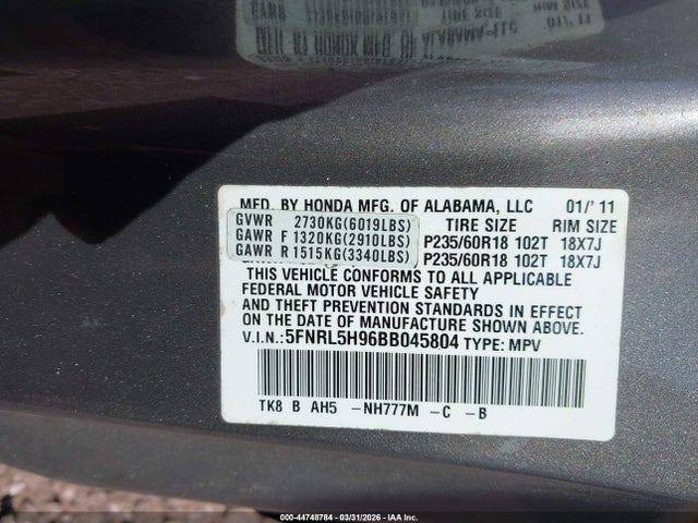 2011 HONDA ODYSSEY 5FNRL5H96BB045804 Photo 8