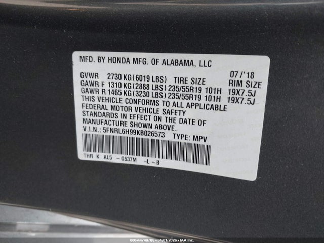 5FNRL6H99KB026573 Honda Odyssey Elite