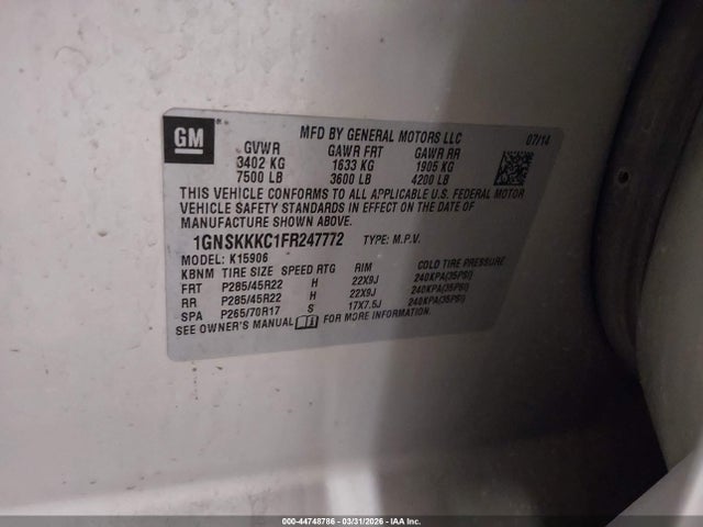 44748786 :رقم المزاد ، 1GNSKKKC1FR247772 vin ، 2015 Chevrolet Suburban 1500 Ltz مزاد بيع