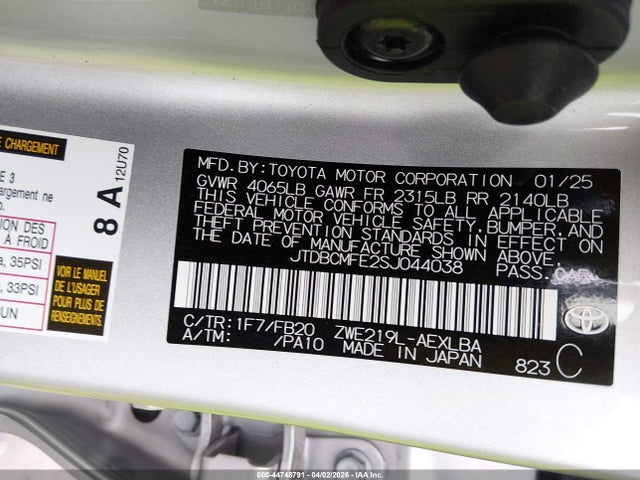44748791 :رقم المزاد ، JTDBCMFE2SJ044038 vin ، 2025 Toyota Corolla Hybrid Le مزاد بيع