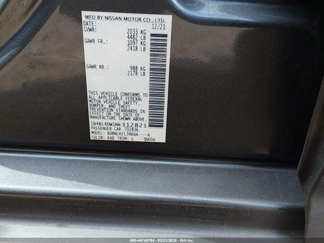 2022 Nissan Altima Sv Intelligent Awd მანქანა იყიდება აუქციონზე, vin: 1N4BL4DW1NN312821, აუქციონის ნომერი: 44748794