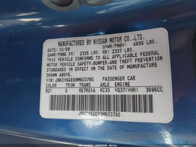 44748801 :رقم المزاد ، JNKCV64E69M603790 vin ، 2009 Infiniti G37 Journey مزاد بيع