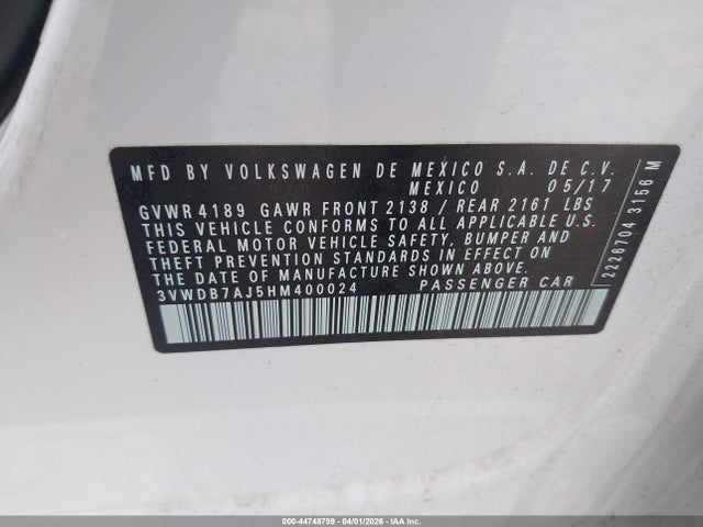 Aukcja sprzedaży 2017 Volkswagen Jetta 1.4t Se, vin: 3VWDB7AJ5HM400024, numer aukcji: 44748799