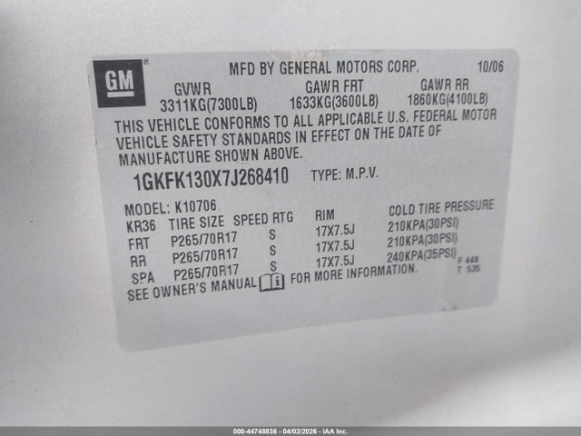 44748836 :رقم المزاد ، 1GKFK130X7J268410 vin ، 2007 Gmc Yukon Slt مزاد بيع