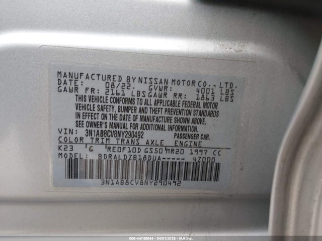 Aukcja sprzedaży 2022 Nissan Sentra Sv Xtronic Cvt, vin: 3N1AB8CV8NY290492, numer aukcji: 44748844