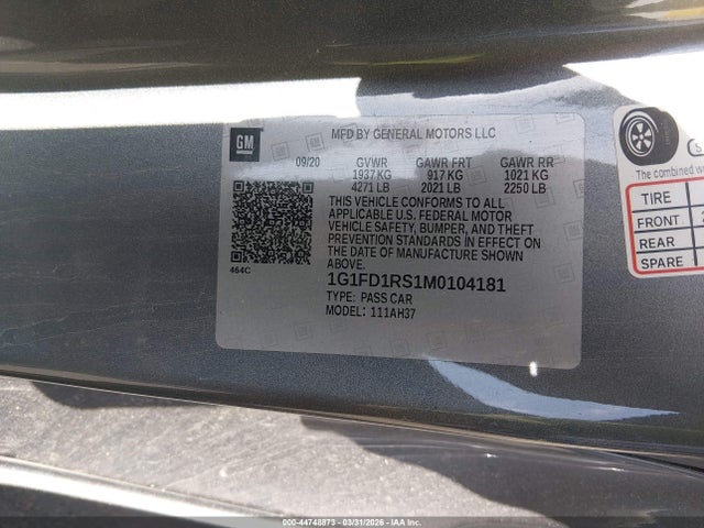 Aukcja sprzedaży 2021 Chevrolet Camaro Rwd  2lt, vin: 1G1FD1RS1M0104181, numer aukcji: 44748873