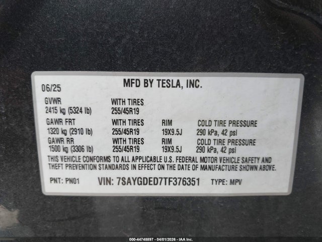 2026 Tesla Model Y Premium Rear-wheel Drive/standard Rear-wheel Drive მანქანა იყიდება აუქციონზე, vin: 7SAYGDED7TF376351, აუქციონის ნომერი: 44748897