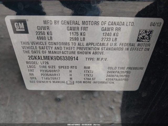 Aukcja sprzedaży 2013 Gmc Terrain Sle-1, vin: 2GKALMEK9D6330914, numer aukcji: 44748902