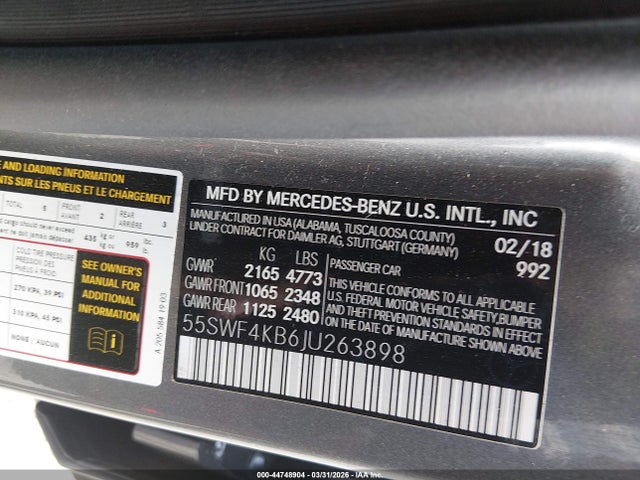Aukcja sprzedaży 2018 Mercedes-benz C 300 4matic, vin: 55SWF4KB6JU263898, numer aukcji: 44748904