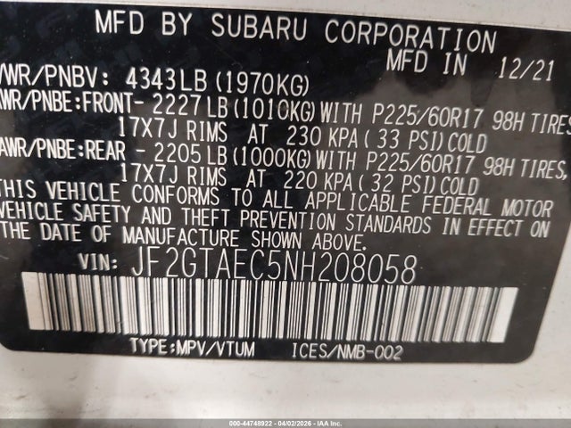 44748922 :رقم المزاد ، JF2GTAEC5NH208058 vin ، 2022 Subaru Crosstrek Premium مزاد بيع