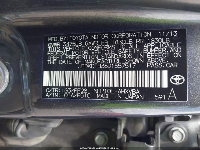 44748926 :رقم المزاد ، JTDKDTB36D1557517 vin ، 2013 Toyota Prius C Two مزاد بيع