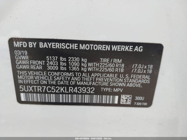 Продажа на аукционе авто 2019 Bmw X3 Sdrive30i, vin: 5UXTR7C52KLR43932, номер лота: 44748930