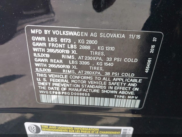 Продаж на аукціоні авто 2016 Volkswagen Touareg Vr6 Lux, vin: WVGEF9BP8GD008655, номер лоту: 44748935