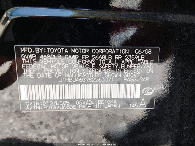 Aukcja sprzedaży 2008 Lexus Es 350, vin: JTHBJ46G982263071, numer aukcji: 44748936