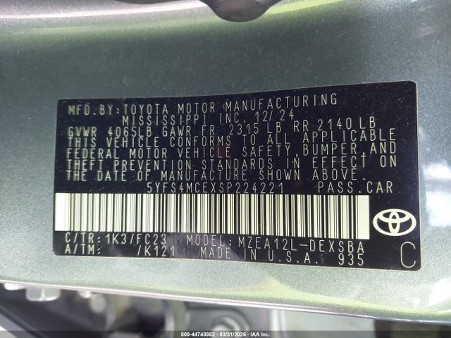 Продаж на аукціоні авто 2025 Toyota Corolla Se, vin: 5YFS4MCEXSP224221, номер лоту: 44748952