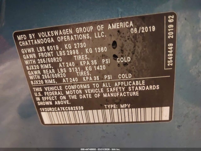 44748955 :رقم المزاد ، 1V2UR2CA7KC582539 vin ، 2019 Volkswagen Atlas 3.6l V6 Se W/technology مزاد بيع