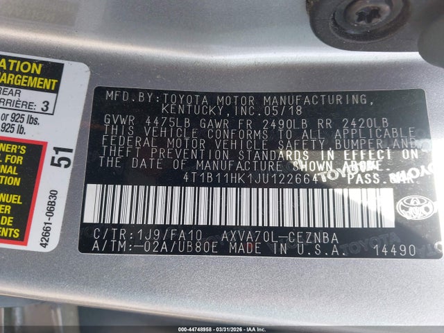 Aukcja sprzedaży 2018 Toyota Camry Le, vin: 4T1B11HK1JU122664, numer aukcji: 44748958