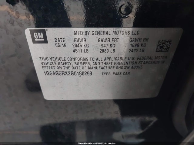 Aukcja sprzedaży 2016 Cadillac Ats Standard, vin: 1G6AG5RX2G0180298, numer aukcji: 44748964