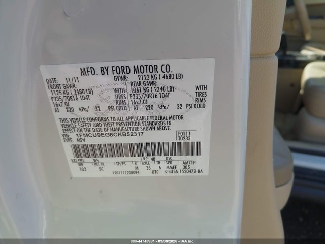 Aukcja sprzedaży 2012 Ford Escape Limited, vin: 1FMCU9EG8CKB52317, numer aukcji: 44748981