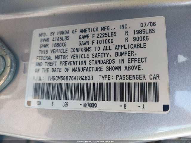 Продаж на аукціоні авто 2006 Honda Accord 2.4 Ex, vin: 1HGCM56876A184823, номер лоту: 44748983