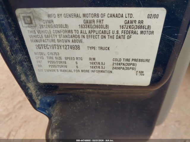 Продаж на аукціоні авто 2000 Gmc Sierra 1500 Sle, vin: 2GTEC19T3Y1274938, номер лоту: 44748985