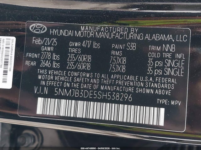 44748990 :رقم المزاد ، 5NMJB3DE5SH538296 vin ، 2025 Hyundai Tucson Sel مزاد بيع