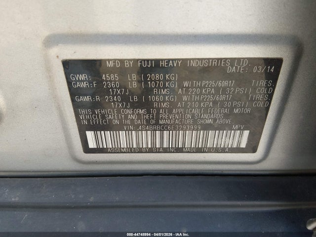 2014 Subaru Outback 2.5i Premium მანქანა იყიდება აუქციონზე, vin: 4S4BRBCC6E3293999, აუქციონის ნომერი: 44748994