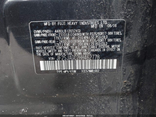 2017 Subaru Forester 2.5i Premium მანქანა იყიდება აუქციონზე, vin: JF2SJAGC2HH462778, აუქციონის ნომერი: 44749001