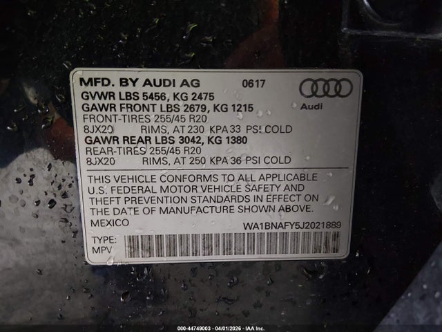 44749003 :رقم المزاد ، WA1BNAFY5J2021889 vin ، 2018 Audi Q5 2.0t Premium مزاد بيع