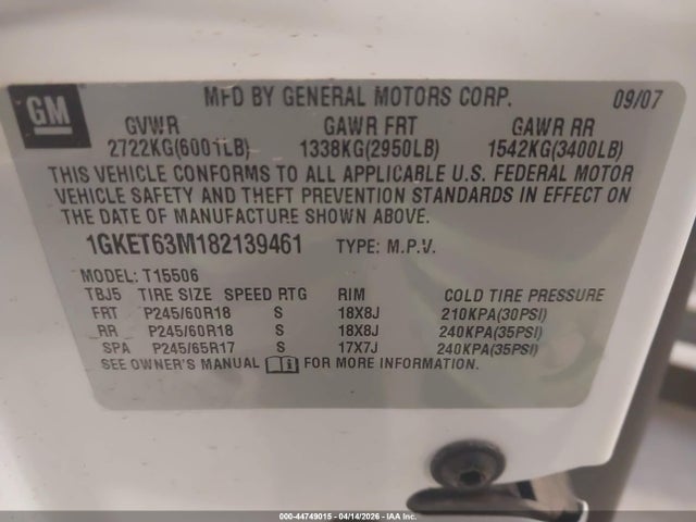 44749015 :رقم المزاد ، 1GKET63M182139461 vin ، 2008 Gmc Envoy Denali مزاد بيع